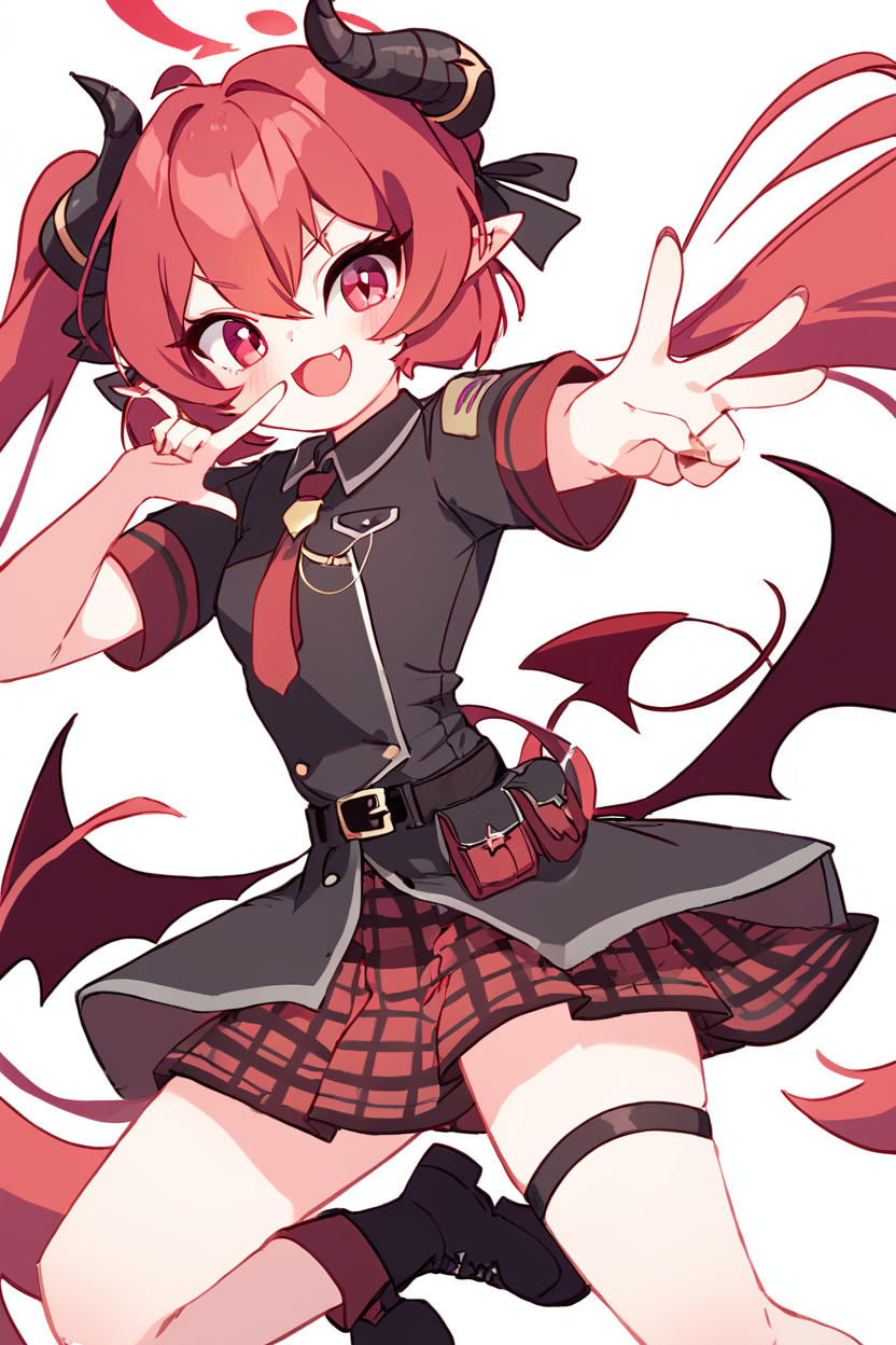 score_9, score_8_up, score_8, medium breasts, (curvy), cute, eyelashes,       BREAK, , ,,, zzJunko, red eyes, red hair,  red halo, horns, long hair, twintails, halo, demon horns, pointy ears, wings, hair between eyes, demon wings, very long hair, black horns, low wings,  ribbon black shirt, pleated skirt, red skirt, short sleeves, plaid skirt, red necktie, thigh strap, belt, fang, black footwear, boots, <lora:Junko_BlueArchive_PDXL:0.8>,   ,,,, BREAK, smile, looking at viewer, cowboy shot, ,,, embedding:zPDXL, <lora:DiivesP1:0.7>,