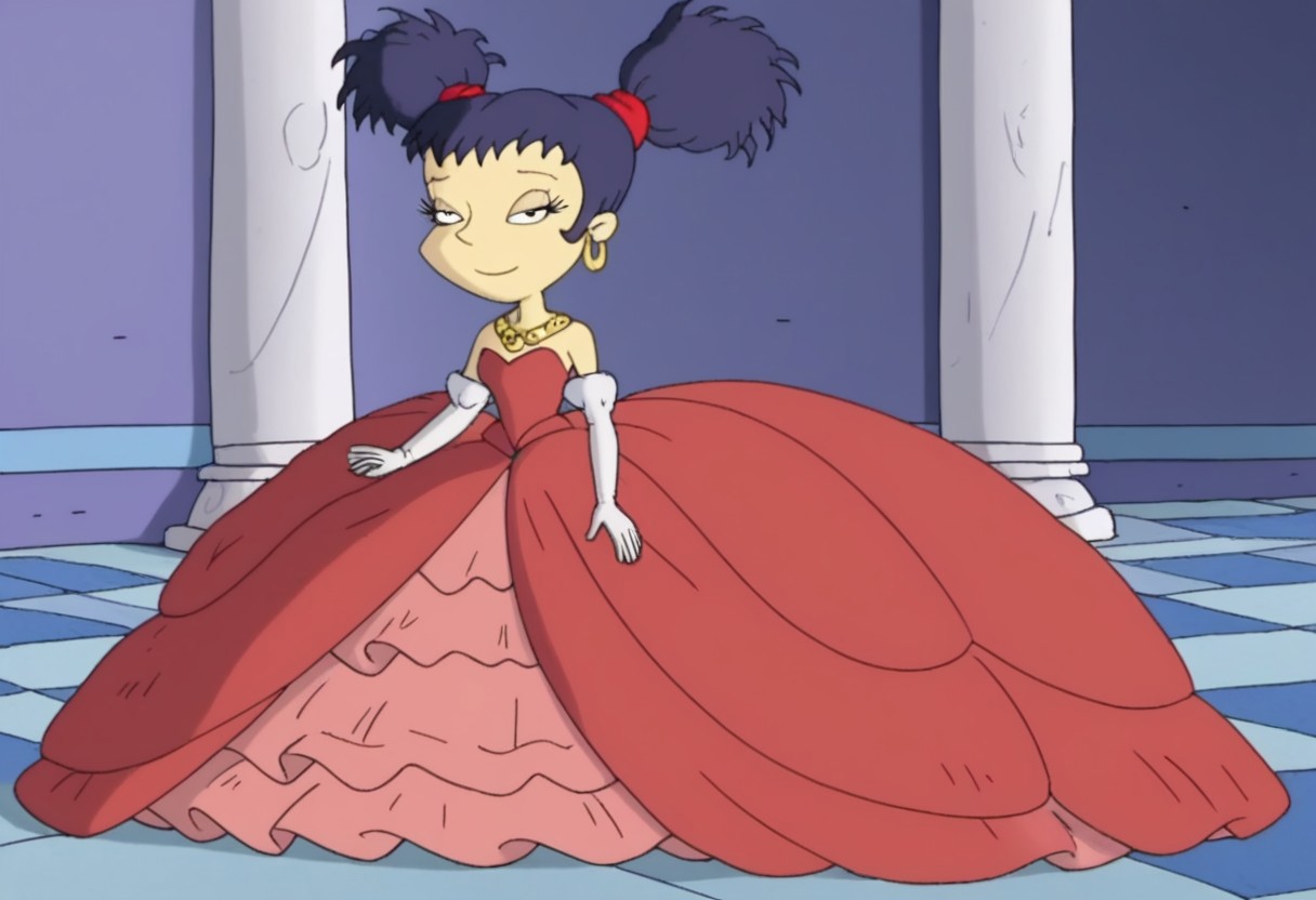 1girl, solo, kimi_finster, dark black hair, twin tails, white skin, princess make up, Very long large floor length wide straight tulle red long sleeved ball gown hoop skirt, ball gown hoop skirt, red princess dress, hoopdress, my big princess gypsy wedding dress, ballgown, a girl in a dress posing like a princess for a picture, looking at viewer, half closed eyes, closed mouth, she is posing, she is walking like a quinceanera model