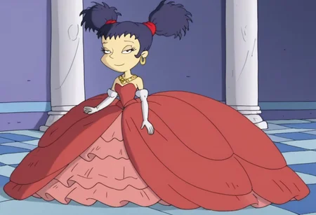 1girl, solo, kimi_finster, dark black hair, twin tails, white skin, princess make up, Very long large floor length wide straight tulle red long sleeved ball gown hoop skirt, ball gown hoop skirt, red princess dress, hoopdress, my big princess gypsy wedding dress, ballgown, a girl in a dress posing like a princess for a picture, looking at viewer, half closed eyes, closed mouth, she is posing, she is walking like a quinceanera model
