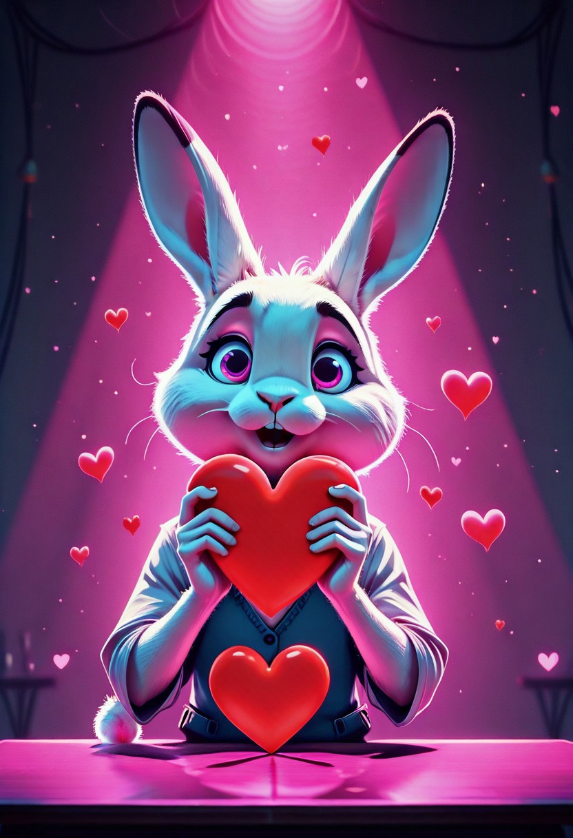 InterroSet,masterpiece, kftlove, heart, holding heart sign, rabbit on a table, dynamic light,