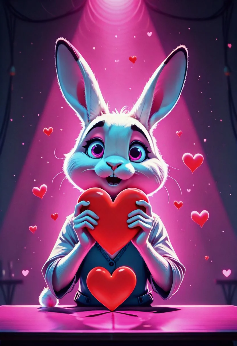 InterroSet,masterpiece, kftlove, heart, holding heart sign, rabbit on a table, dynamic light,