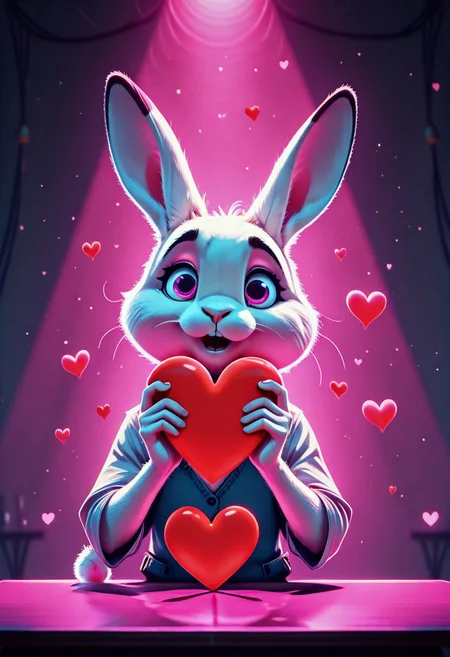 InterroSet,masterpiece, kftlove, heart, holding heart sign, rabbit on a table, dynamic light,