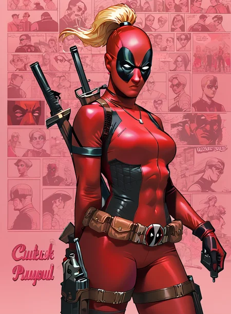 score_9, score_8_up, score_7_up, Lady Deadpool,red bodysuit, blonde hair, high ponytail, 1girl, bullypxl, comic wallpaper, <lora:bullypxl:0.8>, light pink background, holding gun, tactical suit, loose belt, mask, white eyes <lora:LadyDeadpool:0.6>,