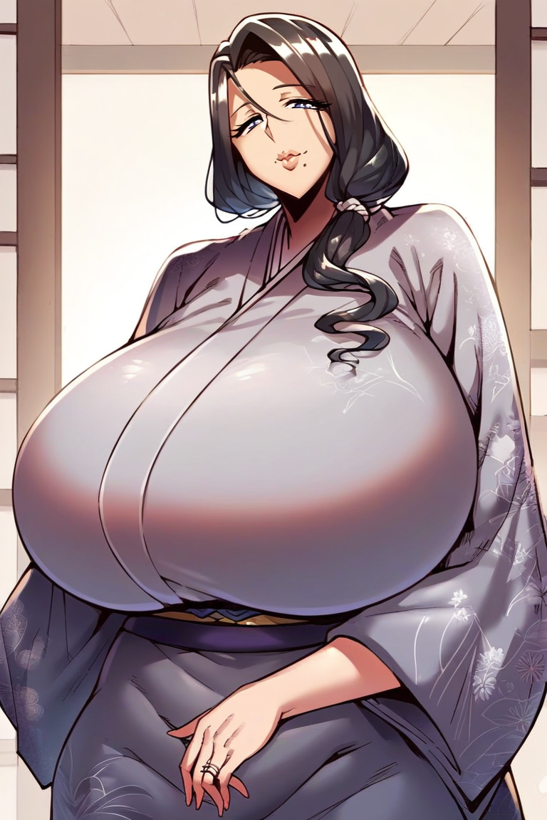score_9, score_8_up, score_7_up, source_anime, , 1girl, , black hair,  mature female, japanese clothes, kimono, breasts, long hair, ring, huge breasts, , mole under mouth, , jewelry, wedding ring, looking at viewer