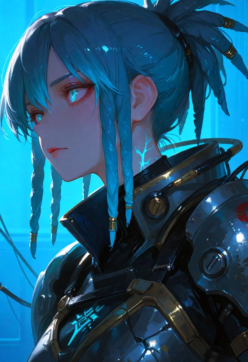 masterpiece, best quality, highly detailed, score_9, score_8_up, score_7_up, score_6_up, dramatic lighting, shadows, A hyperrealistic close-up portrait showcases a creature reminiscent of a grotesque alien or futuristic warrior from a science fiction film. Its face and head are enveloped in an intricate network of interwoven, organic-looking metal or woven material, resembling spiderwebs or veins. The skin and armor feature dark grayish-blue and black tones, evoking aged, weathered metal. A single, glowing pale blue eye dominates the face, framed by long, dark, tangled hair or cables resembling dreadlocks that extend throughout the figure. The creature is clad in a dark, complex armored bodysuit. The soft, pale teal-blue background creates a misty or foggy atmosphere, while dramatic lighting highlights the intricate textures of the creature's form, focusing on the face. The style blends organic and mechanical elements, incorporating subtle icy textures on the armor and hair. A slightly muted color palette of deep blacks, muted blues, and grays, along with a gritty, distressed aesthetic, enhances the sci-fi tone.