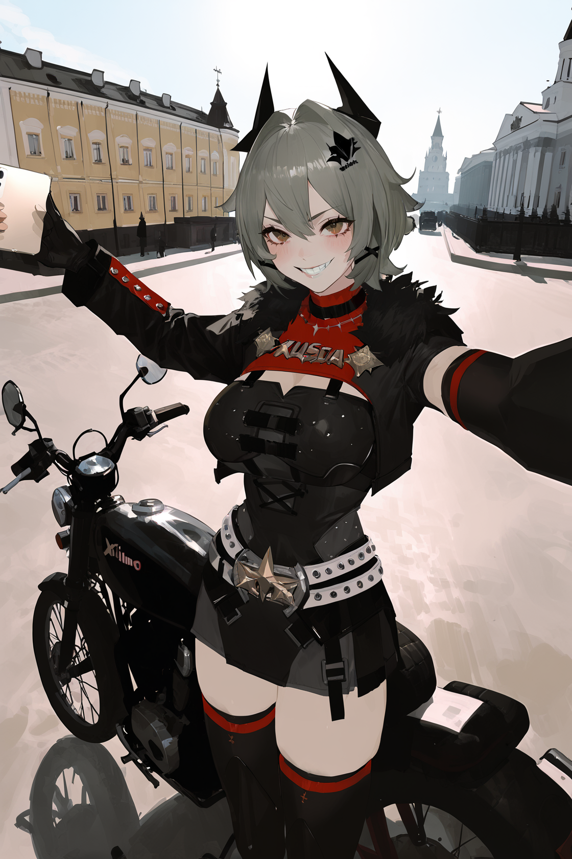 (by nanoless, by misumi \(macaroni\):0.25), 
original, low_quality, normal_quality, (by xilmo, by modare, by reoen:1.1), (hyperrealistic:1.1), (high_contrast:1.1), (depressed_(\theme\):1.2), (horror_\(theme\):1.1), (russia:1.2), (photo background:1.2), buildings, architecture, horns, solo, long hair, fur trim, large breasts, (black-color-scheme:1.1), outdoors, scenery, 
<lora:kaisa-atw2-Tanger-000009:0.7>, hairclip, kaisa, default clothes, horns hair ornament, 1girl, thighhighs, gloves, black thighhighs, grey hair, breasts, cropped jacket, black gloves, short hair, 
<lora:neg101-000008:0.5>, selfie, whit, evil grin, motorcycle,