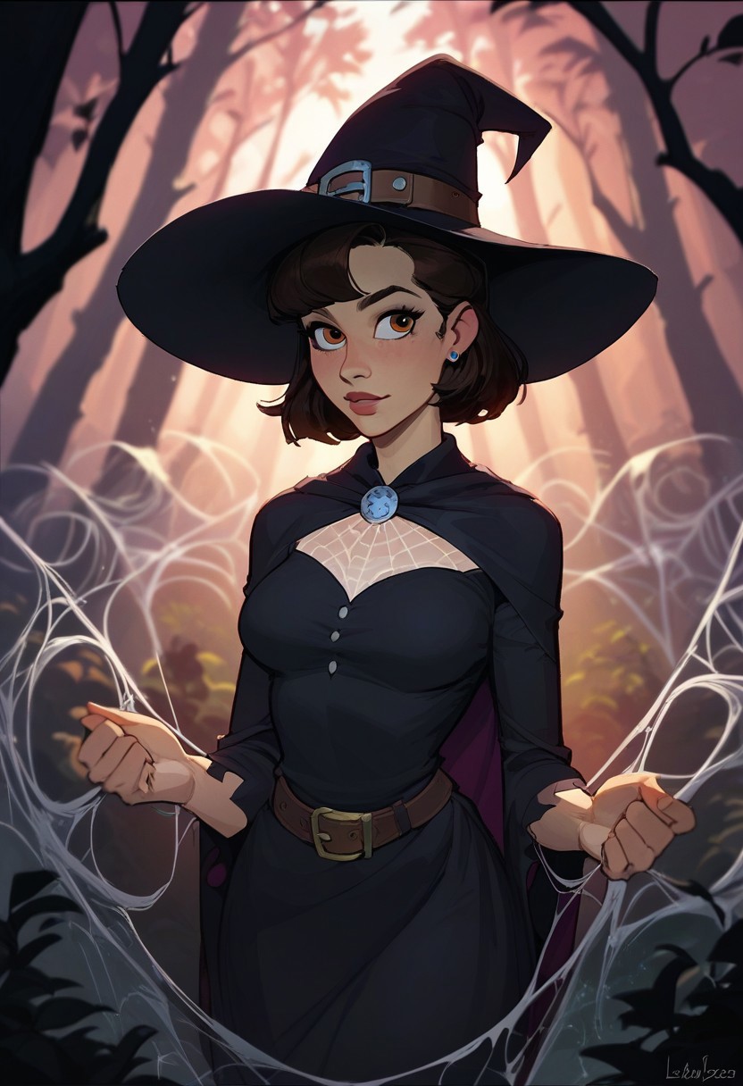 score_9, score_8_up,  score_8_up,  sexy woman, human,  witch, witch outfit, dark forest, spider webs,   highly detailed,  dynamic lighting,  depth of field, absurdres, best quality,