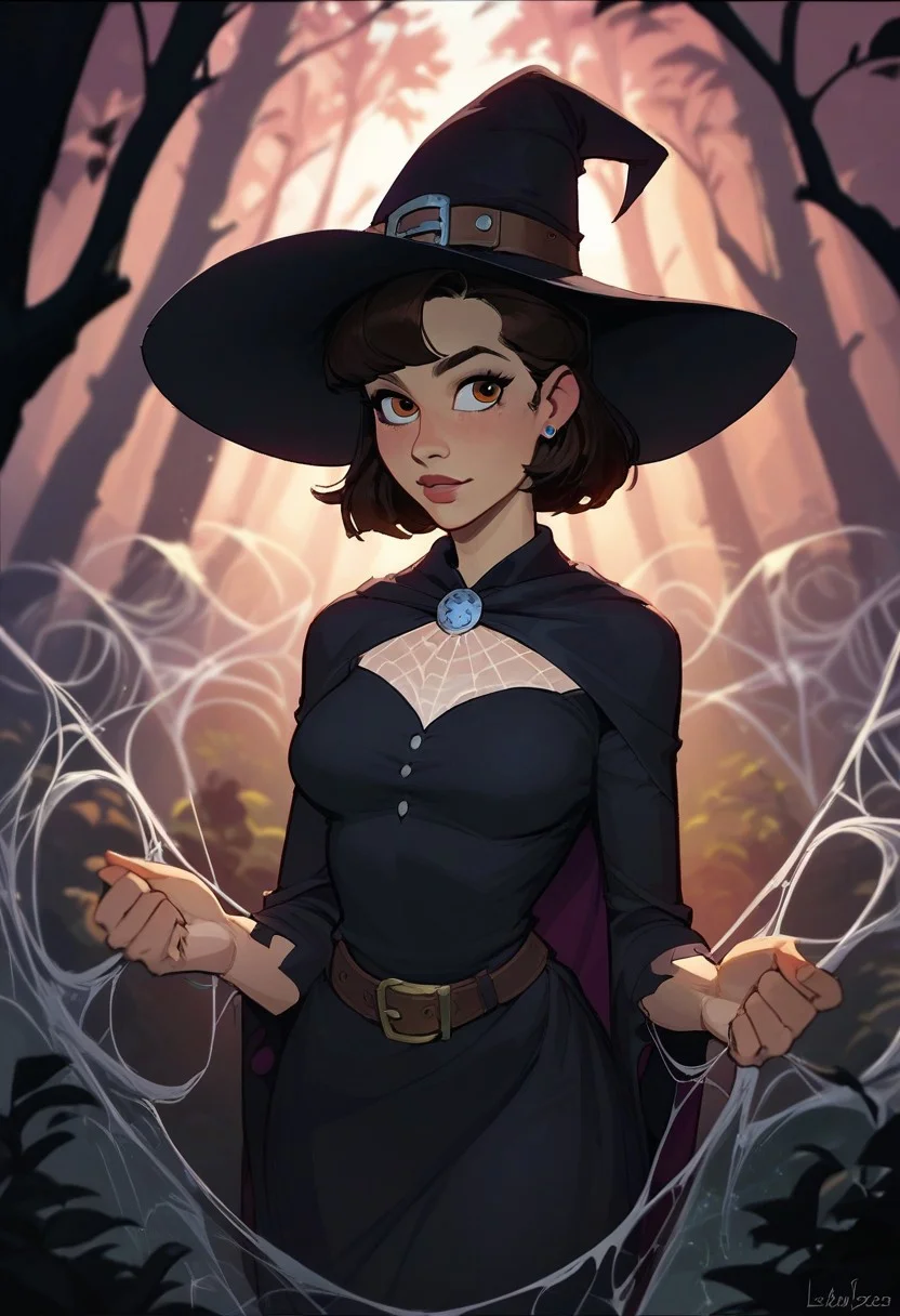 score_9, score_8_up, score_8_up, sexy woman, human, witch, witch outfit, dark forest, spider webs, highly detailed, dynamic lighting, depth of field, absurdres, best quality,