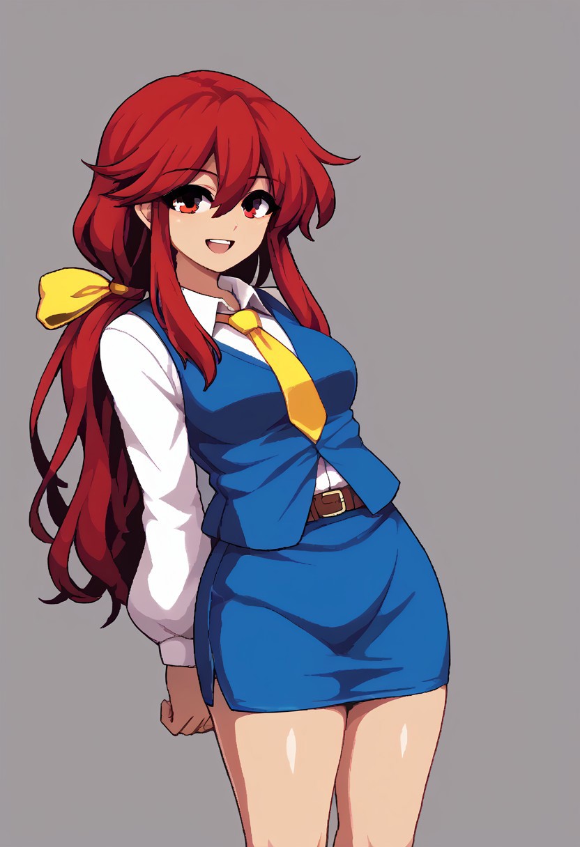 score_9, score_7_up, source_anime, source_cartoon, source_explicit, BREAK, colorful, aesthetic, illustration, kotohime (touhou), long hair, red hair, red eyebrows, hair between eyes, bangs, sidelocks, low-tied long hair, tied hair, low ponytail, hair ribbon, yellow ribbon, red eyes, breasts, white shirt, collared shirt, long sleeves, yellow necktie, blue vest, brown belt, blue skirt, hands behind back, open mouth, smile, teeth, simple background, looking at viewer, facing viewer, standing in front of viewer, standing