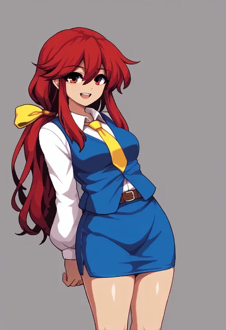 score_9, score_7_up, source_anime, source_cartoon, source_explicit, BREAK, colorful, aesthetic, illustration, kotohime (touhou), long hair, red hair, red eyebrows, hair between eyes, bangs, sidelocks, low-tied long hair, tied hair, low ponytail, hair ribbon, yellow ribbon, red eyes, breasts, white shirt, collared shirt, long sleeves, yellow necktie, blue vest, brown belt, blue skirt, hands behind back, open mouth, smile, teeth, simple background, looking at viewer, facing viewer, standing in front of viewer, standing