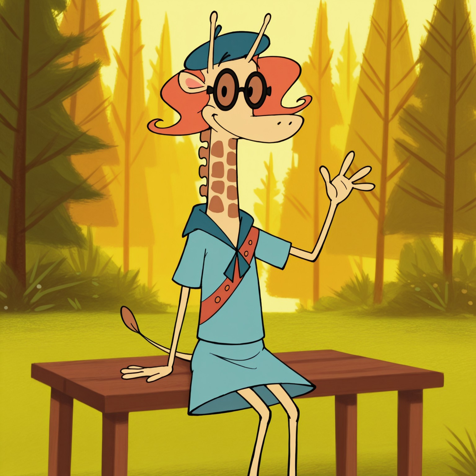 8k, uncensored, masterpiece, best quality, highly detailed, realistic, 1girl, solo, NinaCL, furry, anthro, female furry, giraffe, orange hair, black glasses, brown lens, black eyes, black eyebrows, thin eyebrows, yellow body, brown spots, skinny arms, skinny legs, tail, smile, closed mouth, dark-blue beret, blue topwear, scout outfit, (looking at viewer, sitting, grass, wooden table, forest, trees, front view, detailed background, flat chested, (4 fingers, waving), blue skirt, feet out of frame