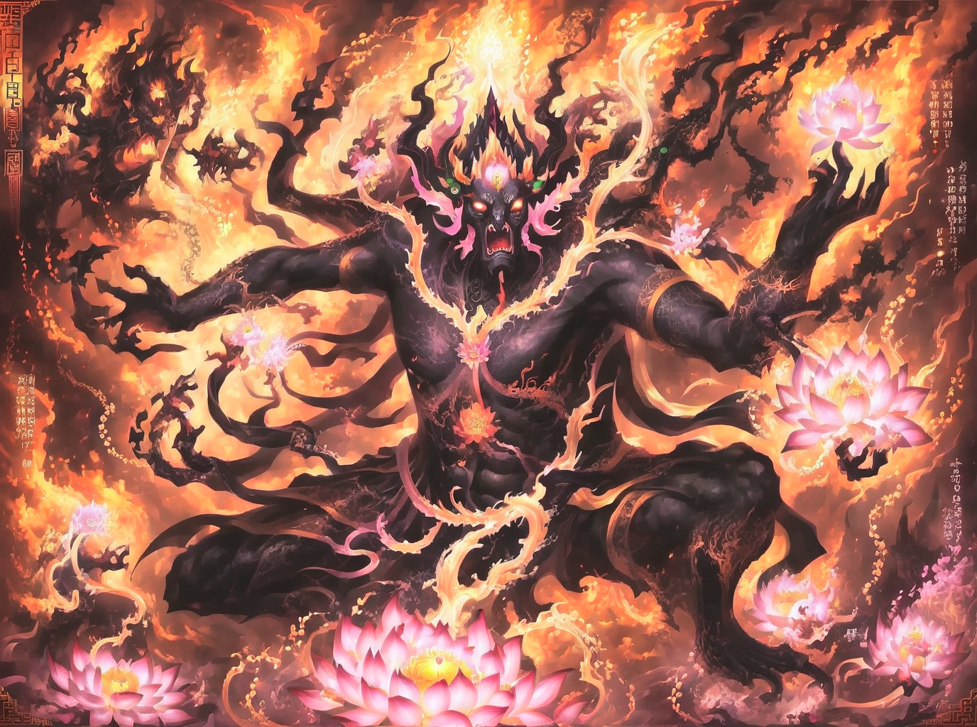<lora:ge0g1yph1ks:0.75>ge0g1yph1ks lotus meditation darkness monster