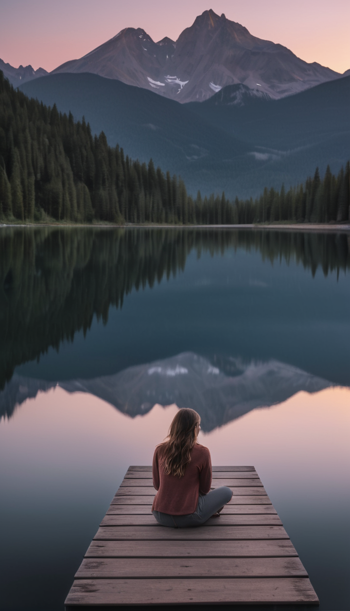 24. A woman sitting on the edge of a dock overlooking a calm lake at dusk, sky glowing softly, mountains reflected in the water, ultra_detailed, 8k, peaceful and calming, wide-angle shot