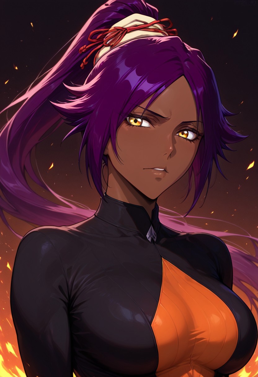 masterpiece, best quality, newest, absurdres, highres,
HFMV1.0, 1girl, shihouin yoruichi (bleach), dark-skinned female, yellow eyes, ponytail, Purple hair,