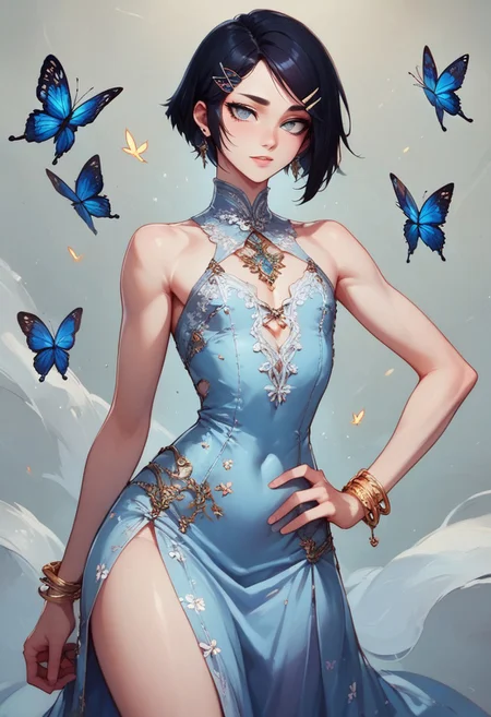 score_9, score_8_up, score_7_up, 1boy, femboy, otoko no ko, short hair, bob cut hair, black hair, grey eyes, gray eyes, feminine face, toned body, Shelly,
lace dress, embroidered cutouts, earrings, bracelets, butterfly hairclip,
highly detailed, intricate, zzCitronCAT, contrapposto, one hand on hip, modelshoot