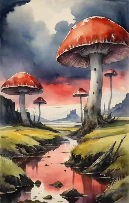 (art), 1920s watercolor with simple straight lines and geometric shapes and bold strokes of the majestic landscape in The Bitter Coast: A swampy region along the western coast of Vvardenfell, where the sea meets the land. The Bitter Coast is full of marshes, caves, and ruins, as well as smugglers, bandits, and slavers. The Bitter Coast is also known for its giant mushrooms and exotic plants, such as marshmerrow and saltrice., epic clouds in a crimson sky <lora:xslxartv4:0.65>