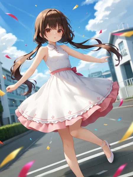 1girl,
dynamic angle, depth of field, solo, breasts, sleeveless dress, twintails, dutch angle, brown hair, shoes, long hair, cloud, looking at viewer, very long hair, cloudy sky, standing on one leg, sky, parted lips, white dress, standing, wind, small breasts, day, blue sky, bare shoulders, floating hair, blurry background, white footwear, brown eyes, blurry, outdoors, bare arms, holding, blush, sleeveless, low twintails,
A young girl with long black hair and bangs. she is wearing a pink dress with a ruffled skirt and white high heels. the girl is standing on one leg with her arms stretched out to the sides and her head tilted back, as if she is dancing or singing. the background is a blue sky with white clouds and colorful confetti scattered around. the overall mood of the image is playful and whimsical.
score_9, score_8_up, score_7_up, source_anime
<lora:style017:0.8>