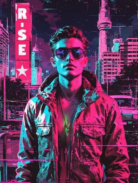 A high-quality, visually striking pop album cover in the aesthetic of disco and synth-pop. The scene features a young white man with sharp facial features, styled in a retro-futuristic 1980s outfit—metallic jacket with neon highlights, stylish sunglasses reflecting vibrant city lights. The background is a neon-lit urban cityscape with a cyberpunk touch, featuring glowing signs, chrome textures, and a mix of pink, blue, and purple hues. The subject has a confident, charismatic expression, slightly illuminated by a soft neon glow. The composition includes geometric patterns, VHS glitch effects, and a grainy retro texture to enhance the vintage feel. The typography is bold, in a classic 80s font with chrome and neon effects, complementing the overall aesthetic. The lighting is dynamic, with reflections bouncing off the metallic surfaces, creating a vivid and immersive atmosphere.