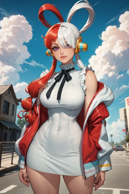 1girl, (solo:1.2), curvy, (masterpiece:1.2), (best quality:1.2), (perfect anatomy:1.4), (standing:1.4), (closed mouth:1.2), smile, (large breasts:1.2), (cowboy shot:1.2), blush, (beautiful white clouds:1.3), puffy clouds, white sky, <lora:NeoArtCore [MockAi - v1.0]:0.8> neoartcore, pinup, (soft shading:1.2), <lora:Uta [h_madoka - v1.0]:0.7> (split-color hair:1.2), hair over one eye, (red hair:1.2), (multicolored hair), long hair, purple eyes, (two-tone hair), hair rings, white dress, headphones, (white hair:1.1), black ribbon, bangs, sleeveless, very long hair, open jacket, oversized clothes