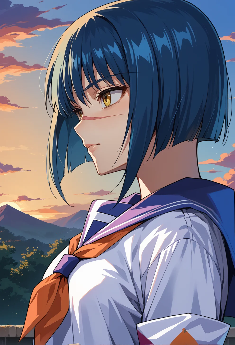 score_9, score_7_up, source_anime, BREAK <lora:Tokiko:1> AETokiko, yellow eyes, blue hair, bob cut, short hair, scar on nose, school uniform, serafuku, neckerchief, armband, long sleeves, blue skirt, pleated skirt,
portrait, light smile, from side, facing viewer, sunset,