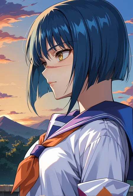 score_9, score_7_up, source_anime, BREAK <lora:Tokiko:1> AETokiko, yellow eyes, blue hair, bob cut, short hair, scar on nose, school uniform, serafuku, neckerchief, armband, long sleeves, blue skirt, pleated skirt,
portrait, light smile, from side, facing viewer, sunset,