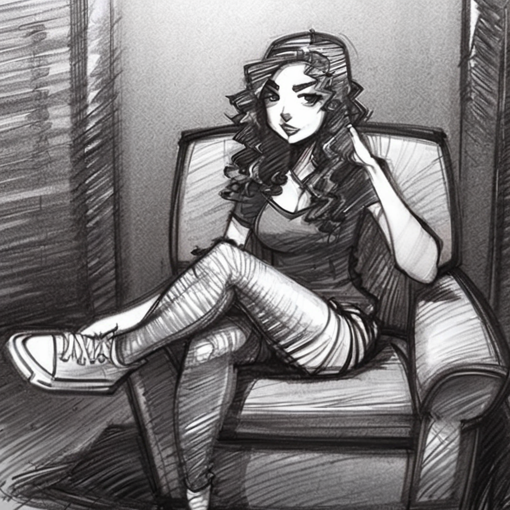 drawix21 close up girl with long dark curly hair, a gangster in a cap, sitting on a large dusty armchair in a dark room, black ink<lora:drawix21:1>