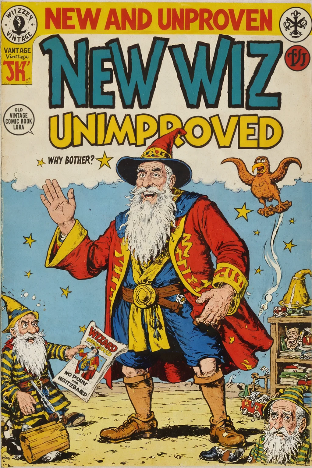 a vintage comic book with the title text: "New and unimproved!" featuring a whimsical wizard whitebeard failing to do magic,