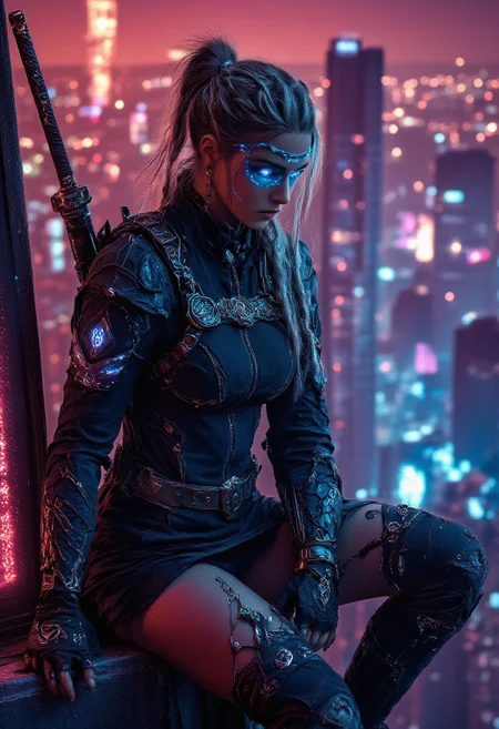 A powerful, futuristic athletic Slavic girl with glowing, cybernetic enhancements that run through her sleek, dark skin like neon veins. Her eyes are a striking electric blue, glowing faintly beneath a visor that provides a sharp, analytical gaze. She sits on the edge of a towering skyscraper, looking down at the neon-lit city below, a city of chaos and technology. Her outfit is a mix of sleek, modern tactical gear and high-fashion, with a black jacket lined with holographic patterns. Her miniskirt is reinforced with futuristic materials, and her boots are heavy, with metallic soles that click against the rooftop. She holds two gleaming katanas, their blades humming with energy, resting them on her shoulders as she contemplates, a sense of tired but unyielding strength in her posture. Her long hair is styled in a high ponytail, a few loose strands framing her face, giving her a sharp, focused look. Her face shows a hint of exhaustion, but her demeanor remains powerful and unbreakable, as if she’s conquered a thousand battles. Above her, a glowing city skyline stretches into the horizon, filled with towering skyscrapers, with a vivid red landscape. The entire scene has a gritty, cyberpunk atmosphere, with a strong, modern, and badass aura that radiates from her every move.