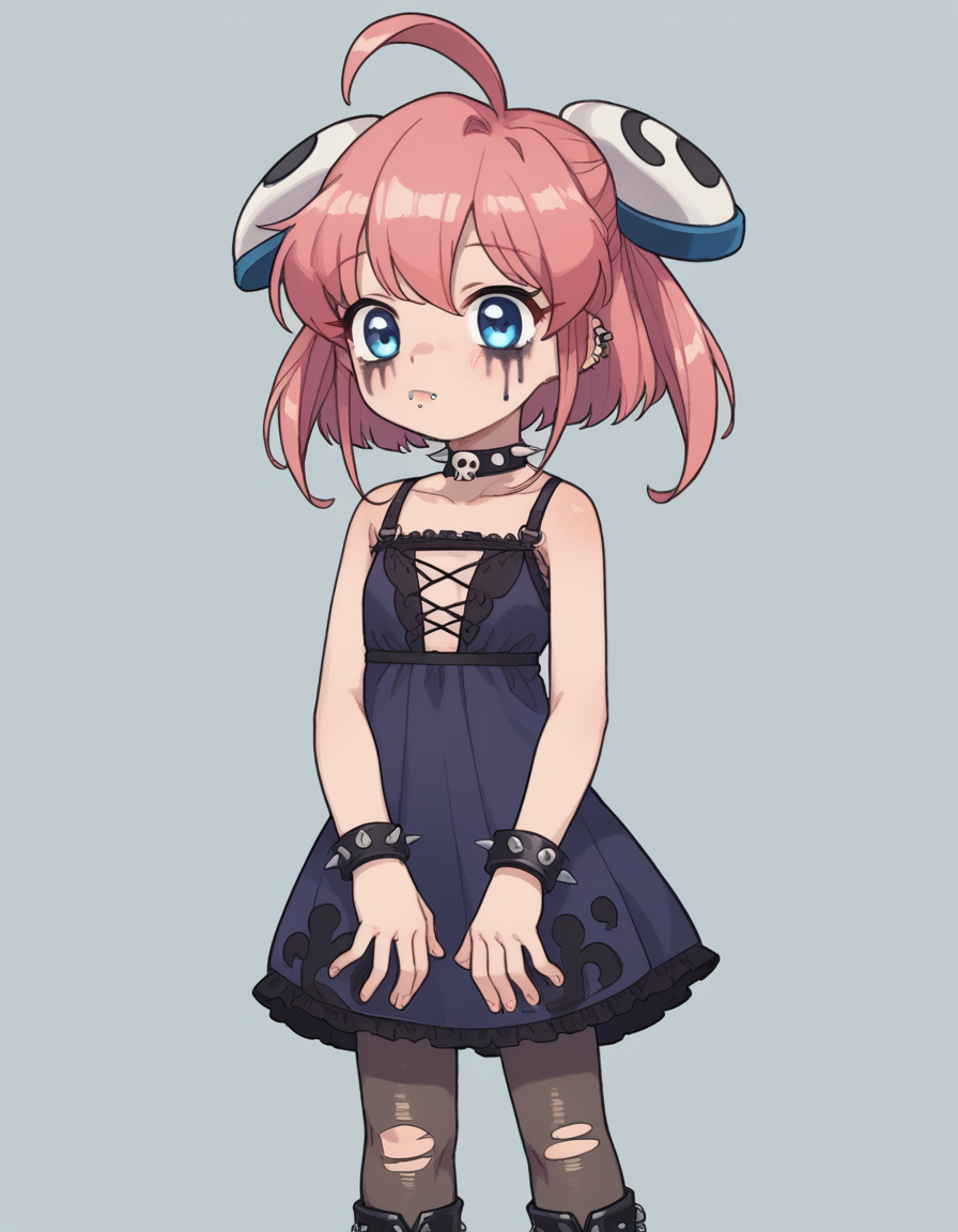 zPDXL, score_9, score_8_up, score_7_up, source_anime,
1girl, solo,  <lora:Rizelmine_v2-20:0.8> rizel, ahoge, short hair, hair ornament, hairpods, pink hair, blue eyes, petite, flat chest, punk wearing a ripped mesh bodysuit with leather harness detailing,babydoll dress with a bold graphic print, paired with torn mesh stockings,knee-high lace-up boots, deep shade of indigo undercut, lip piercing, mascara,silver skull rings,spiked choker,leather studded cuff bracelet, (portrait), <lora:PossumMachine_v2:0.8> possmach