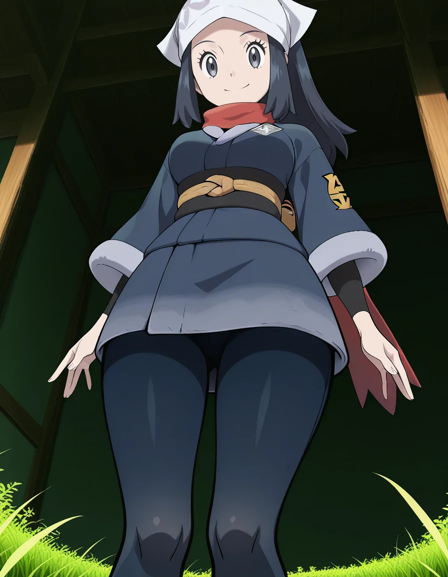 Akari (POKEMON LEGENDS),black hair,black eyes,galaxy expedition team survey corps uniform,head scarf,red scarf,black pantyhose,day,((field)),outdoors,(blush:-1),
(from below:2.2),
(solo:1.2),looking at viewer,
medium breasts,
perky breasts,explicit,best quality,very aesthetic,absurdres,16k,intricate detail,amazing quality,(bold:3.12),thick outline,black outline,harsh lines,soft lines,deluster,boldline,curvy,slim,
smile,
(anime screencap),(anime coloring:1.2),anime screenshot, animated painting, animated gif,2d cel anime,anime cap,anime,anime style,anime cel,Cel shading,cel shaded,soft brightness,perfect face,perfect nose, perfect hair, perfect eyes,perfect female body,perfect skin,a face of perfect proportion,perfect lighting,perfect anatomy,perfect proportion,perfect hands,perfect legs,perfect fingers,masterpiece,super fine illustration,detailed linework,vibrant colors,kawaii,flat color,
<lora:ãã±ããã¢ã³ã¹ã¿ã¼ã·ã§ã¦illustriousPokemonAkariillustrious-000017:1:0.8>