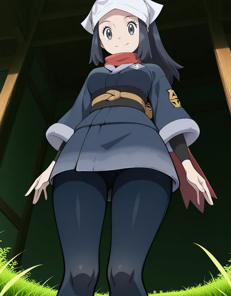 Akari (POKEMON LEGENDS),black hair,black eyes,galaxy expedition team survey corps uniform,head scarf,red scarf,black pantyhose,day,((field)),outdoors,(blush:-1),
(from below:2.2),
(solo:1.2),looking at viewer,
medium breasts,
perky breasts,explicit,best quality,very aesthetic,absurdres,16k,intricate detail,amazing quality,(bold:3.12),thick outline,black outline,harsh lines,soft lines,deluster,boldline,curvy,slim,
smile,
(anime screencap),(anime coloring:1.2),anime screenshot, animated painting, animated gif,2d cel anime,anime cap,anime,anime style,anime cel,Cel shading,cel shaded,soft brightness,perfect face,perfect nose, perfect hair, perfect eyes,perfect female body,perfect skin,a face of perfect proportion,perfect lighting,perfect anatomy,perfect proportion,perfect hands,perfect legs,perfect fingers,masterpiece,super fine illustration,detailed linework,vibrant colors,kawaii,flat color,
<lora:ãã±ããã¢ã³ã¹ã¿ã¼ã·ã§ã¦illustriousPokemonAkariillustrious-000017:1:0.8>