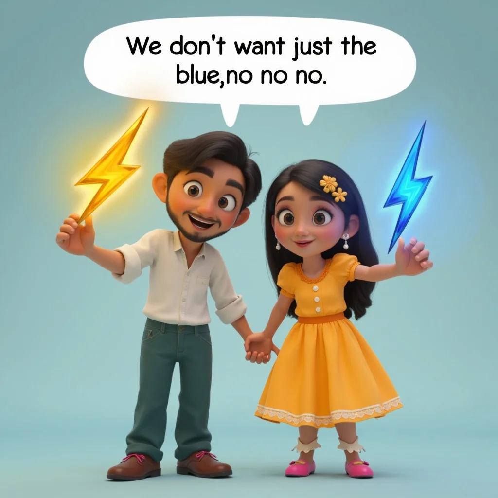 encanto style. a man and woman each holding one yellow lightning bolt emoji and one blue lightning bolt emoji. Speech bubble that says, "We don't want just the blue, no no no."