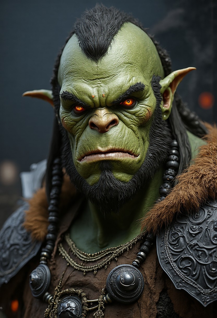 Ultra Realistic Portrait of a formidable human-orc warrior with rugged, green skin that is textured with scars and tribal markings. His face is strong and angular, with a pronounced brow and a broad, square jaw. His tusks jut out prominently from his lower jaw, adding to his fearsome appearance. His eyes are a fierce amber, glowing with intensity and intelligence, set deep beneath a heavy brow.
His hair is dark and coarse, pulled back into thick braids adorned with bone and metal rings, showing both his heritage and warrior status. His nose is wide and slightly flattened, complementing his strong facial features. The orc's expression is one of stern determination, with a hint of battle-hardened wisdom.
He wears heavy, battered armor on his shoulders, made of dark iron and leather, with intricate, weathered engravings that tell tales of countless battles. Around his neck, he has a thick, fur-lined mantle that adds to his imposing presence.
The lighting is harsh, casting deep shadows across his face and highlighting the rough texture of his skin and the gleam of his armor. The background is blurred but suggests a dark, smoky battlefield, with hints of firelight reflecting off his armor, emphasizing the orc's role as a powerful and seasoned warrior in his world