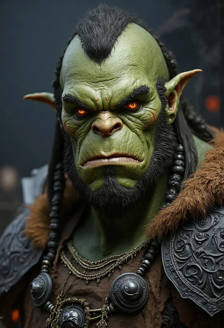 Ultra Realistic Portrait of a formidable human-orc warrior with rugged, green skin that is textured with scars and tribal markings. His face is strong and angular, with a pronounced brow and a broad, square jaw. His tusks jut out prominently from his lower jaw, adding to his fearsome appearance. His eyes are a fierce amber, glowing with intensity and intelligence, set deep beneath a heavy brow.
His hair is dark and coarse, pulled back into thick braids adorned with bone and metal rings, showing both his heritage and warrior status. His nose is wide and slightly flattened, complementing his strong facial features. The orc's expression is one of stern determination, with a hint of battle-hardened wisdom.
He wears heavy, battered armor on his shoulders, made of dark iron and leather, with intricate, weathered engravings that tell tales of countless battles. Around his neck, he has a thick, fur-lined mantle that adds to his imposing presence.
The lighting is harsh, casting deep shadows across his face and highlighting the rough texture of his skin and the gleam of his armor. The background is blurred but suggests a dark, smoky battlefield, with hints of firelight reflecting off his armor, emphasizing the orc's role as a powerful and seasoned warrior in his world