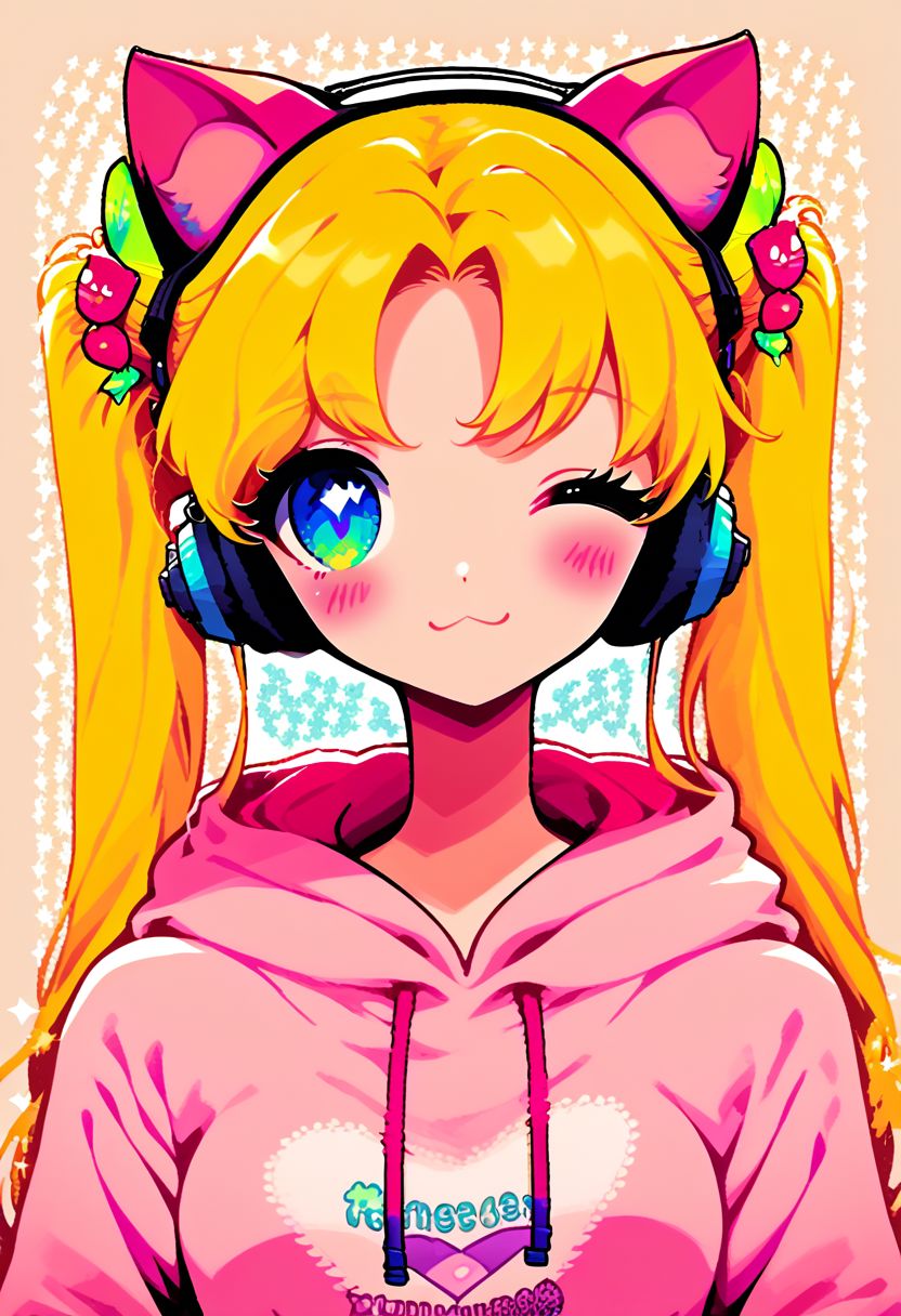 score_9, score_8_up, score_8, medium breasts, (curvy), cute, eyelashes, 
pastel, 
1girl, solo, long hair, looking at viewer, blush, blue eyes, blonde hair, hair ornament, long sleeves, animal ears, twintails, upper body, heart, one eye closed, hairclip, cat ears, hood, hair bun, star (symbol), parted bangs, double bun, hoodie, fake animal ears, headphones, hood down, animal ear headphones, cat ear headphones, pink hoodie, tsukino usagi,
smile, 
zPDXL