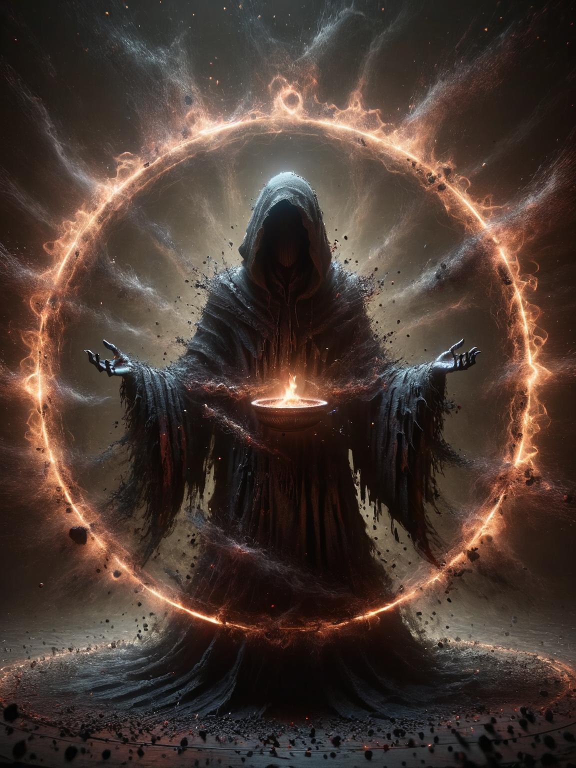 A mysterious cloaked figure summoning dark forces in a ritual circle, surrounded by ais-darkpartz that pulsate with malevolent energy. <lora:Dark_Particles_Style_SDXL:1>