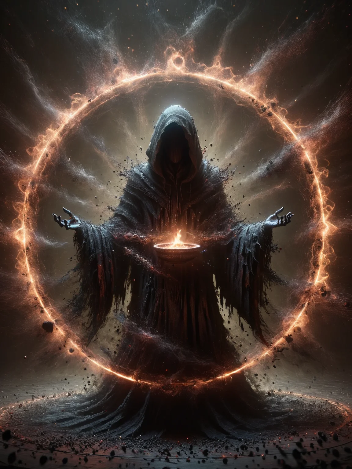 A mysterious cloaked figure summoning dark forces in a ritual circle, surrounded by ais-darkpartz that pulsate with malevolent energy. <lora:Dark_Particles_Style_SDXL:1>