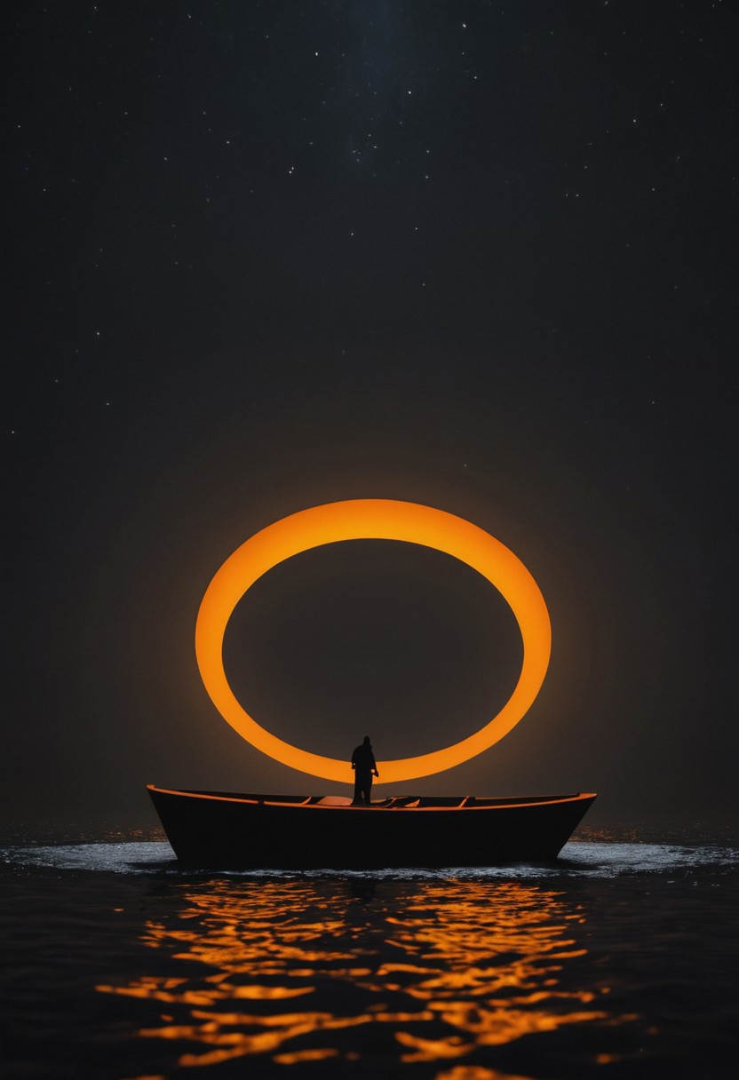 blender processed, realistic water, huge perfect round orange color circular light in the center, a silhouetted small boat, dark skies. minimalism.