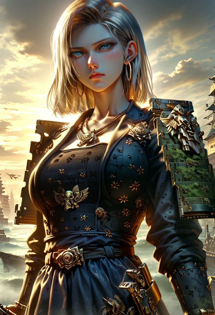 score_9, score_8_up, (cowboy shot:1.5), chest focus, best quality, masterpiece, high contrast, 8k, highly detailed, extremely detailed face, beautiful , Android No. 18, indifferent, blushing, excited, arrogant, side-parted blond hair, slender and perfect figure, (huge breasts: 1.0), thin waist, sexy long legs, beautiful blue eyes, big hoop earrings, wearing Japanese Warring States period armor, holding a Japanese Warring States Period matchlock gun ,  body shot from waist up, detailed background, surreal, HD, extremely detailed, high resolution, cinematic lighting, octane rendering, 8k resolution, Artstation quality, Horizontal viewing angle