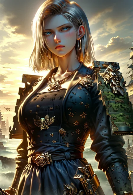 score_9, score_8_up, (cowboy shot:1.5), chest focus, best quality, masterpiece, high contrast, 8k, highly detailed, extremely detailed face, beautiful , Android No. 18, indifferent, blushing, excited, arrogant, side-parted blond hair, slender and perfect figure, (huge breasts: 1.0), thin waist, sexy long legs, beautiful blue eyes, big hoop earrings, wearing Japanese Warring States period armor, holding a Japanese Warring States Period matchlock gun , body shot from waist up, detailed background, surreal, HD, extremely detailed, high resolution, cinematic lighting, octane rendering, 8k resolution, Artstation quality, Horizontal viewing angle