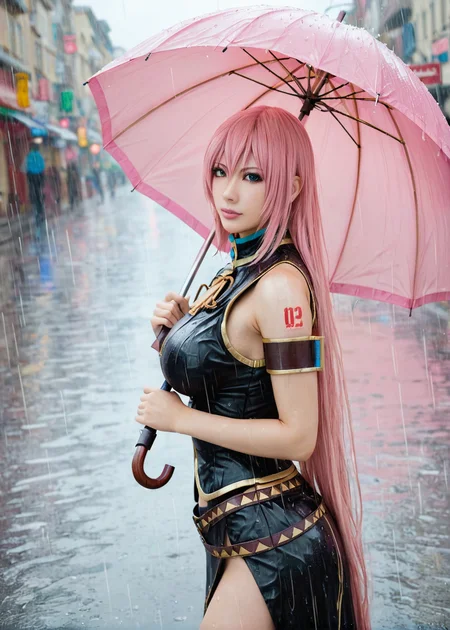 score_9, highly detailed, 1girl, megurine luka v2, pink hair, large breasts, very long hair, street background, rain, looking at viewer, holding umbrella<lora:Megurine_Luka_V2_Pony_Realistic:1>