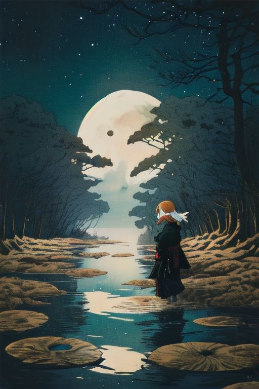 portrait, 1girl, in water, freckles, ripples, long hair, wavy hair, upper body, forest, fox ear, choker, looking at viewer, moon, night, dark photo, blurry background