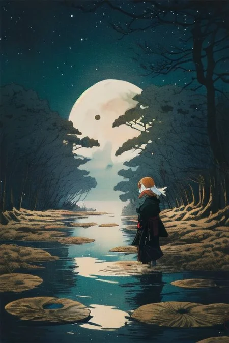 portrait, 1girl, in water, freckles, ripples, long hair, wavy hair, upper body, forest, fox ear, choker, looking at viewer, moon, night, dark photo, blurry background