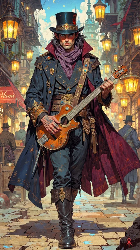 In the heart of a bustling, lantern-lit port city, where the salty tang of the sea mingles with the aroma of exotic spices and the air is alive with the sounds of merchants haggling and sailors singing, strides a figure of roguish charm and undeniable charisma. He is a tiefling bard, his presence both magnetic and enigmatic, a master of words and melodies who weaves magic with every note and gesture. His lean, agile frame moves with the confidence of one who knows every alley and tavern in the city, and his crimson skin, smooth and unblemished, seems to glow faintly in the flickering light of the lanterns. His face, a striking blend of human and infernal features, is framed by a mane of jet-black hair, its ends tipped with fiery red, as if kissed by embers. His eyes, a smoldering amber, glint with mischief and intelligence, their gaze sharp enough to pierce the thickest of disguises. His horns, curved and elegant, rise from his forehead like a crown, and his lips, curled into a sly smile, suggest a secret only he knows.
His head is adorned with a wide-brimmed hat of dark velvet, its edge pinned up on one side with a brooch shaped like a lyre, its strings made of golden thread. The hat casts a shadow over his face, adding an air of mystery to his already captivating presence. Around his neck hangs a scarf of deep purple, its ends embroidered with musical notes that seem to shimmer in the light. His torso is clad in a tailored coat of rich burgundy, its surface adorned with intricate patterns of gold thread that catch the light with every movement. The coat is left open, revealing a vest of black silk, its buttons made of polished bone, and a shirt of fine linen, its sleeves rolled up to reveal his forearms, marked with tattoos of musical instruments and swirling notes.
His hands, long and nimble, are adorned with rings of silver and brass, each one engraved with symbols of luck and creativity. In his right hand, he holds a lute of exquisite craftsmanship, its body carved from dark wood and inlaid with mother-of-pearl, its strings gleaming like strands of moonlight. His left hand rests on the hilt of a slender rapier, its blade hidden within a scabbard of black leather, its hilt wrapped in silver wire and adorned with a small, ruby-eyed serpent. Around his waist is a belt of braided leather, its ends tipped with small bells that jingle softly with his every step. From it hangs a pouch of supple leather, filled with sheet music, trinkets, and other tools of his trade.
His legs are clad in trousers of deep navy, their fabric tailored to fit his form perfectly, and his boots, knee-high and polished to a mirror shine, are made of the finest leather. Over his shoulders flows a cape of midnight blue, its edges trimmed with silver thread, and its surface embroidered with constellations that seem to shift and dance in the light. The cape is fastened with a clasp shaped like a star, its center a small, glowing gemstone that pulses faintly with a magical energy.
The background is a vibrant tapestry of life and color, where the lanterns of the port city cast a warm, golden glow over the cobblestone streets. The air is filled with the sounds of laughter, music, and the distant crash of waves against the docks. The focus of this composition is his upper body and face, capturing every detail of his expression, his attire, and the interplay of light and shadow that defines his presence.
The overall color palette is a rich blend of deep reds, purples, and golds, evoking a sense of passion, creativity, and mystery. The scene is bathed in a warm, inviting glow, as if the city itself is alive and celebrating his presence. This is not just a portrait; it is a glimpse into the world of a tiefling bard, a master of melody and mischief, a being who thrives in the chaos of life and turns it into art.
soft pastel anime, Magic style, mythp0rt, DB4RZ