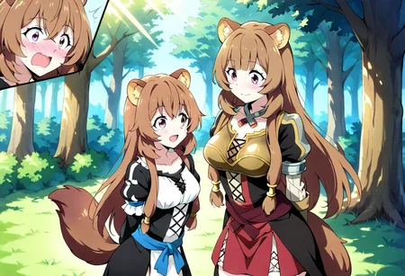 anime girls, Lupusregina Beta from Overlord <lora: 
Lupusregina Beta - Overlord - PDXL LORA>, Raphtalia from The Rising of the Shield Hero <lora: Raphtalia | Shield Hero>, standing close, face to face, Lupusregina smiling confidently, playful expression, arms behind back, playful pose, Raphtalia blushing, shy body language, surprised eyes, long chestnut hair, beast ears, fluffy tail, Lupusregina’s nun-style outfit with thigh slit, Raphtalia’s fantasy leather armor outfit with red skirt, sunlight filtering through trees, forest clearing, gentle breeze, highly detailed, anime style, dynamic lighting, fantasy mood, 4k, masterpiece