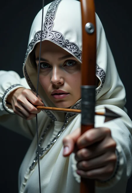 this cinematic masterpiece features a woman shrouded in mystery drawing a masterfully crafted wood and ivory recurve bow with intricate silver patterns. a hard spotlight from above makes it so the woman's face is partially hidden by her royally decorated white hood with black stitching. the dramatic perspective focuses on the two-tone facial features of the woman's face. the woman has one hand on the bow and the other pulling the knocking point all the way back. the arrow is made of wood with a silver sharp tip and is resting on the bow's external arrow rest <lora:Dever_Flux_Enhancer:0.5>