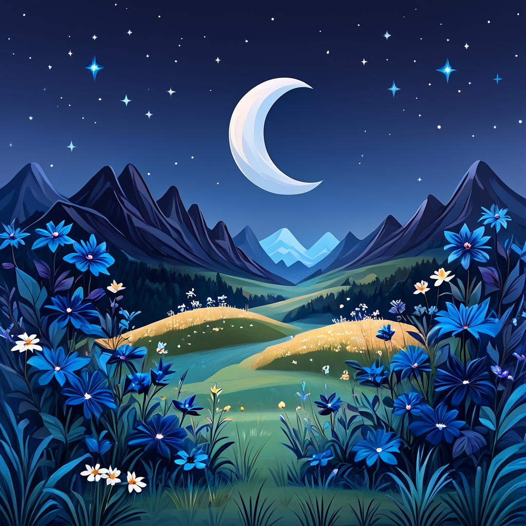 Score_9, score_8_up, score_7_up, score_6_up, BREAK  <lora:Flat_Cartoon_IllustrationPony:1> ArsMJStyle, Flat Cartoon Illustration, The image shows a beautiful night sky with a crescent moon in the sky surrounded by stars and mountains. In the foreground there are plants with flowers and grass creating a peaceful and serene atmosphere., no humans, flower, sky, moon, outdoors, scenery, night, star (sky), crescent moon, nature