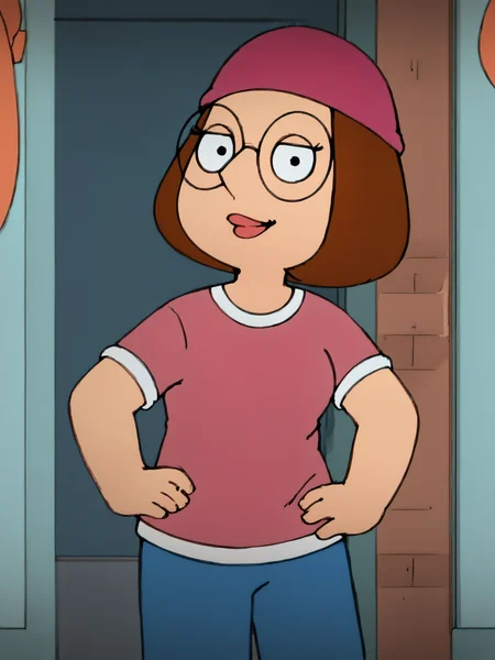 <lora:Meg_Griffin:1.0>meg, brown hair, 1girl, glasses, solo, short hair, flat color, blue pants, beanie, pink shirt,standing, hand on own hip, looking at viewer, smile, score_9, score_8_up, score_7_up, score_6_up, score_5_up, score_4_up