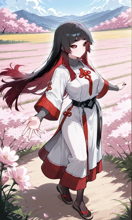 masterpiece, best quality, amazing quality, very aesthetic, absurdres, newest, scenery, 1girl, solo, <lora:Meisha:1>, meisha, black hair, red hair tips, long bangs, hime cut, black sclera, red eyes, split pupils, thick eyebrows, medium breasts, rey turtleneck, white tunic, red accents, chinese pattern, long skirt, white skirt, pantyhose, sandals, standing, blossoms, field, spread arms, looking above