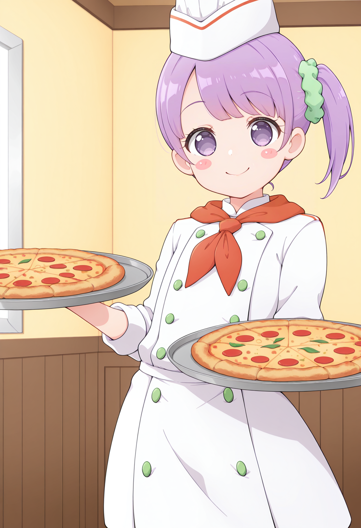 highres, best quality, masterpiece, indoors,
1girl, solo, prpprnon, purple hair, side ponytail, purple eyes, hair scrunchie, blush stickers, 
chef, chef hat, white dress, white headwear, neckerchief, buttons,
looking at viewer, blush, smile,
holding tray, pizza, 
<lora:_non_manaka-elesico-ilxl-13:1>